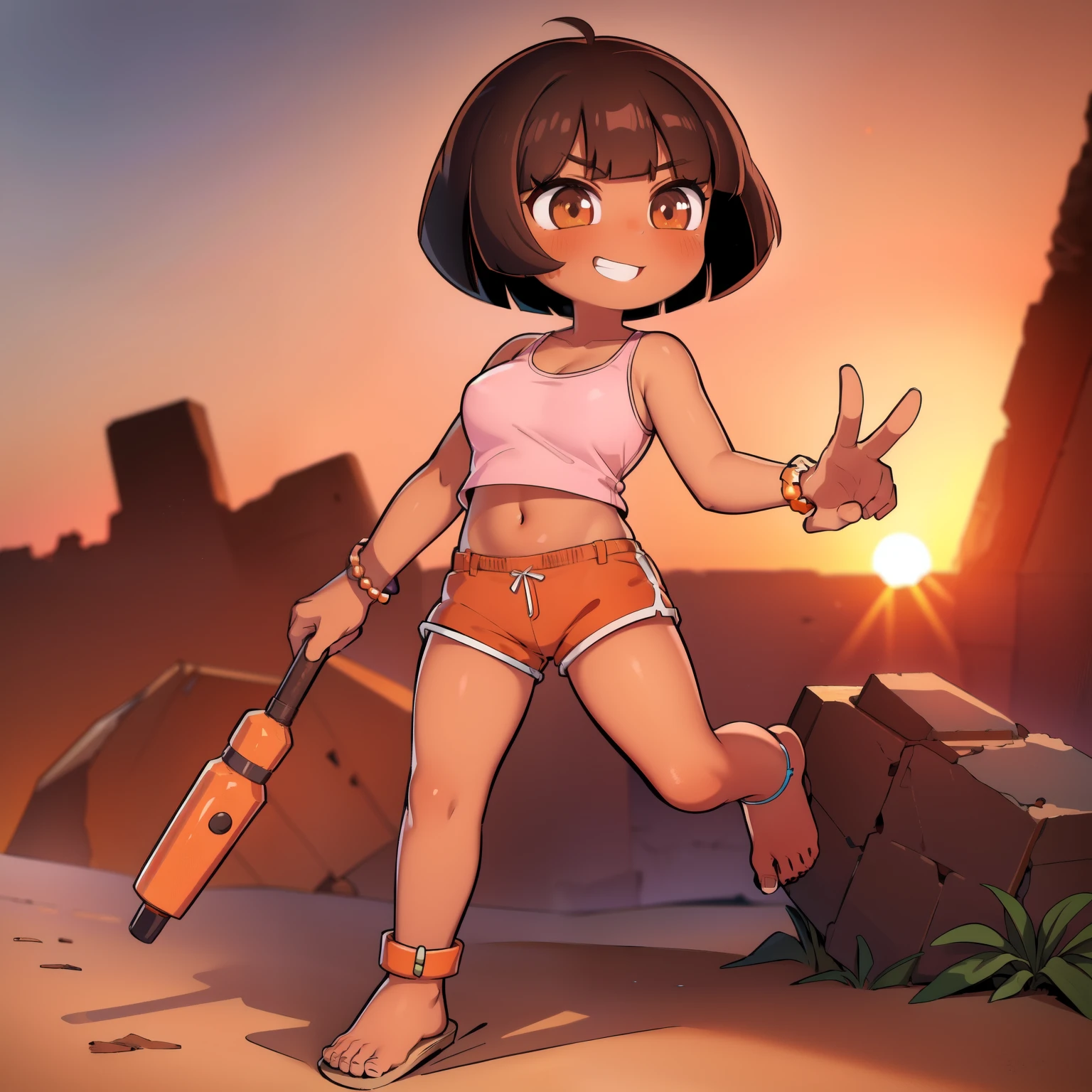 ((masterpiece, best quality)), full body, (solo 0.6), 1 girl, Dora, bracelet, (dark skin 0.6), dark brown hair, short hair, brown eyes, sunset, desert ruins, pink top, orange shorts, dynamic pose, large breasts, grinning, sexy