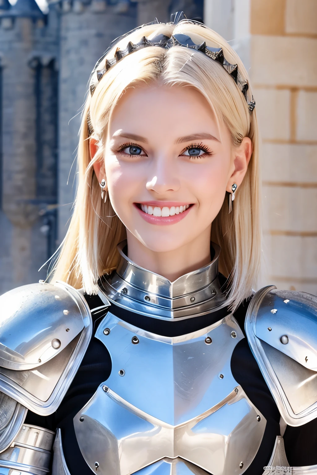 8K、highest quality、female knight、Luxurious Silver Armor、、hairstyle short cut、smile、Beautiful Teeth、Full body photo、ear piercing、blonde、White woman、blue eyes、Heavy makeup、The background is inside the castle