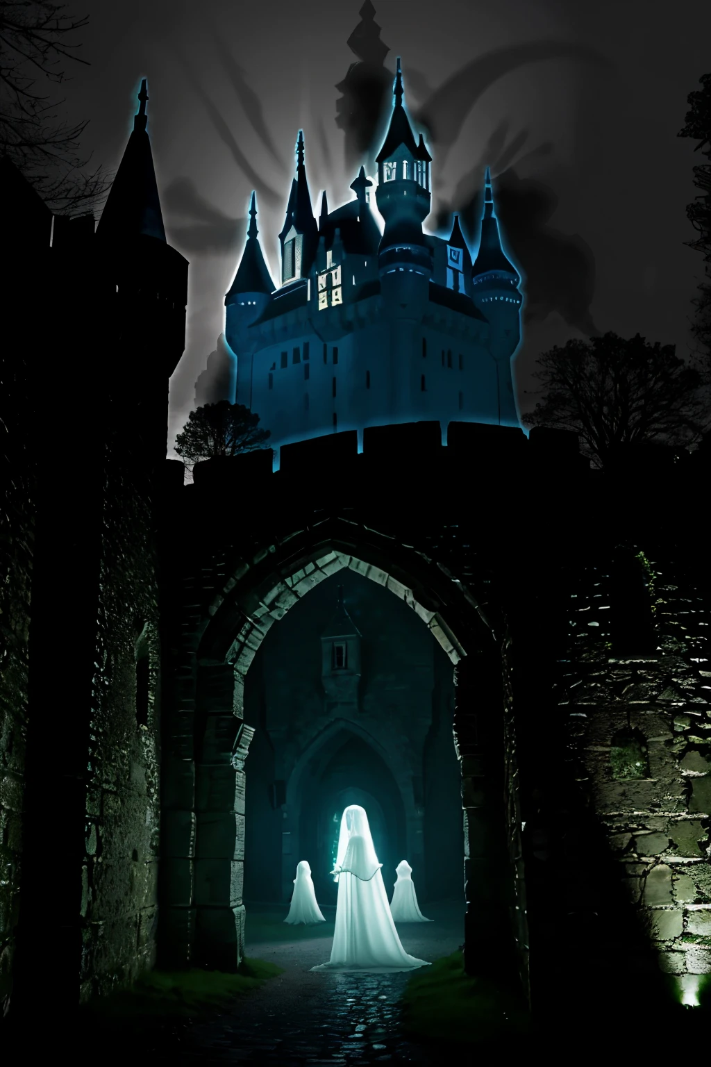 ((haunted old castle:1.3)) ((ghosts:1.2))

A spooky, old castle looms in the background, its crumbling stone walls shrouded in an eerie mist. The once grand edifice is now overgrown with vines and moss, its windows broken and weakened by time. In the foreground, ghostly apparitions roam freely, their translucent forms flickering in and out of existence. Their spectral eyes glow with an ethereal light, casting an otherworldly glow upon the scene. The atmosphere is thick with suspense and fear, the air charged with an otherworldly energy. The castle's once grand corridors