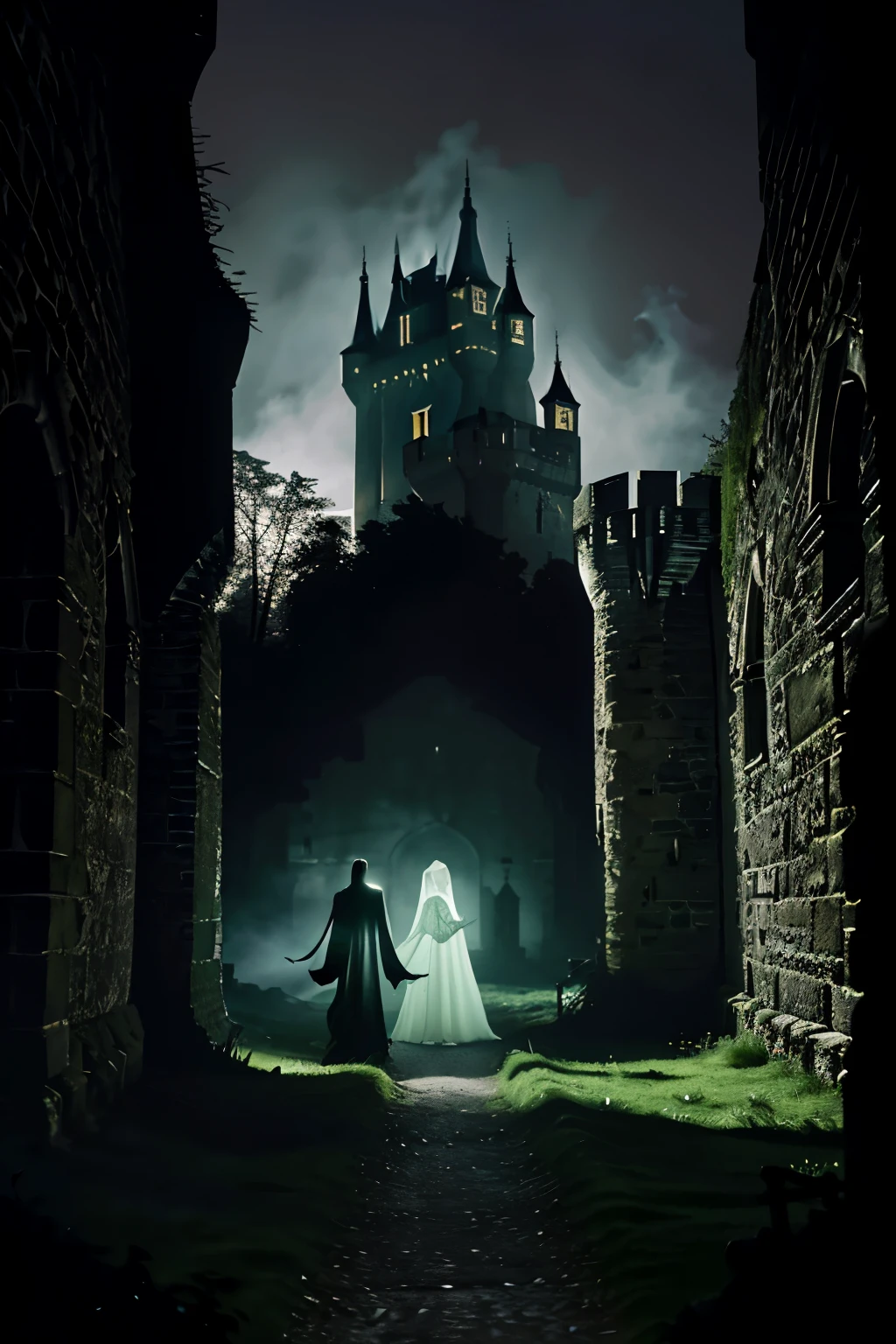 ((haunted old castle:1.3)) ((ghosts:1.2))
A spooky, old castle looms in the background, its crumbling stone walls shrouded in an eerie mist. The once grand edifice is now overgrown with vines and moss, its windows broken and weakened by time. In the foreground, ghostly apparitions roam freely, their translucent forms flickering in and out of existence. Their spectral eyes glow with an ethereal light, casting an otherworldly glow upon the scene. The atmosphere is thick with suspense and fear, the air charged with an otherworldly energy. The castle's once grand corridors