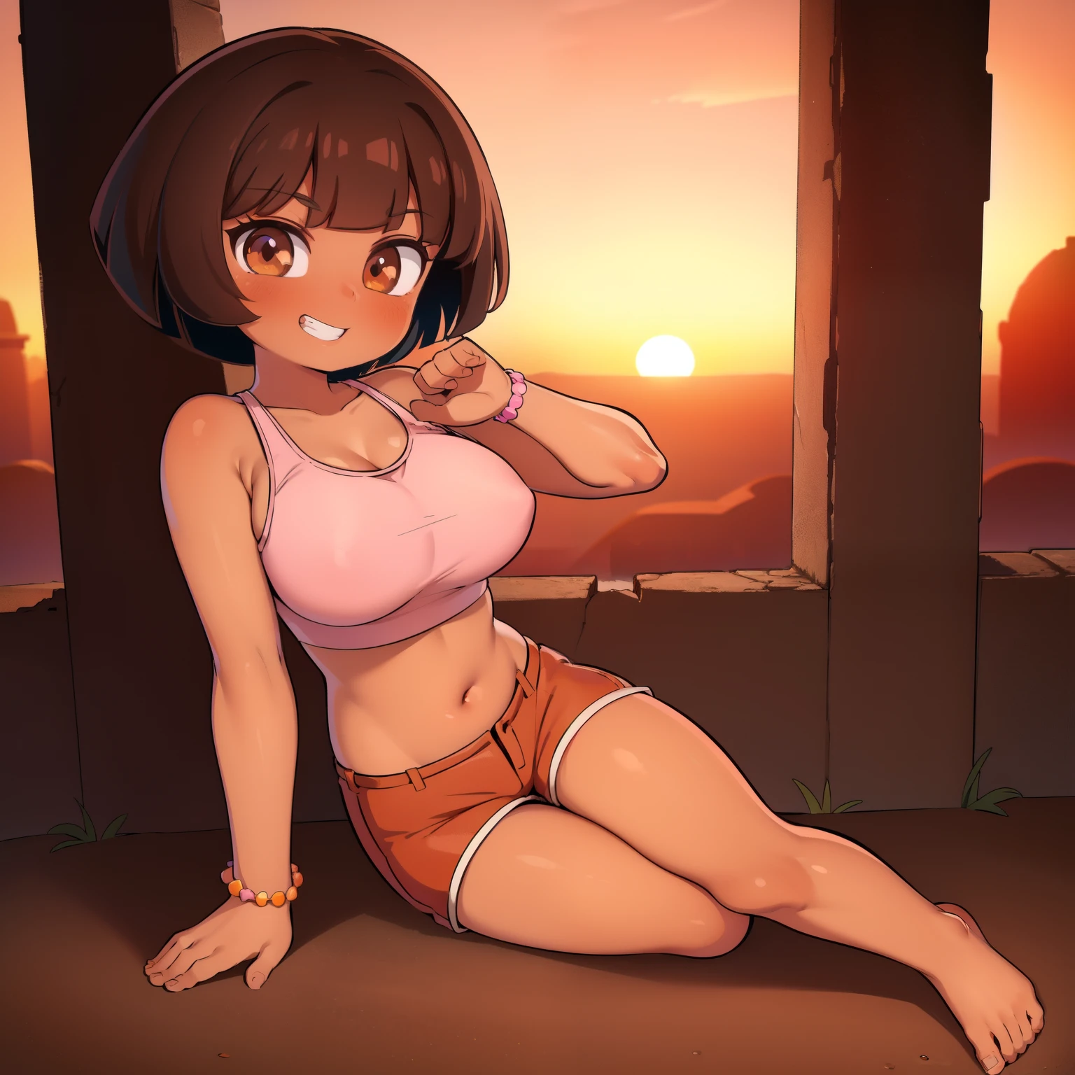 ((masterpiece, best quality)), full body, (solo 0.6), 1 girl, Dora, bracelet, (dark skin 0.6), dark brown hair, short hair, brown eyes, sunset, desert ruins, pink top, orange shorts, dynamic pose, large breasts, grinning, sexy