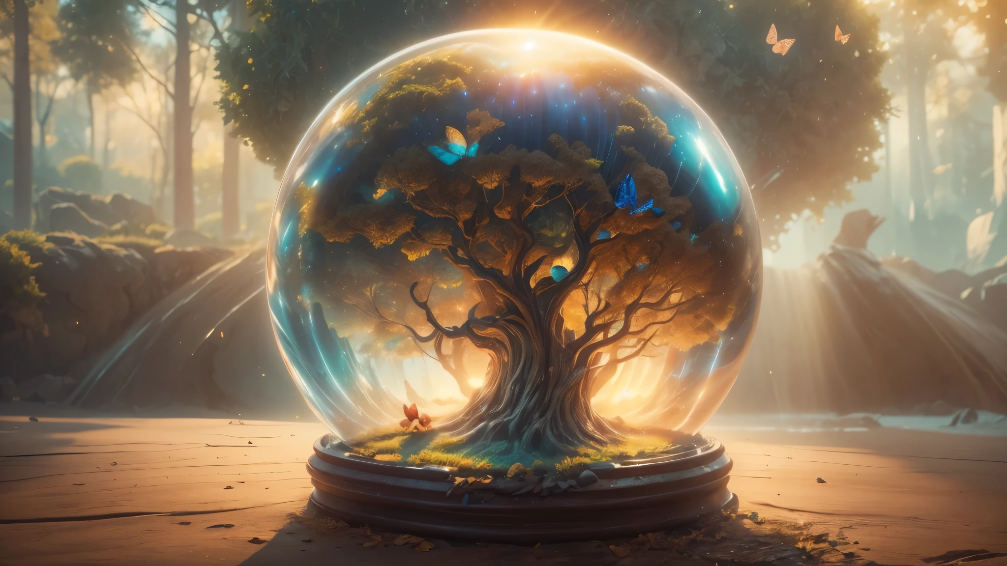 (masterpiece),(best quality:1.0), (ultra highres,), detailed, a glass ball with a tree inside of it, digital art, cg society contest winner, butterflies and sunrays, concept art design illustration, beautiful digital illustration, closed ecosystem