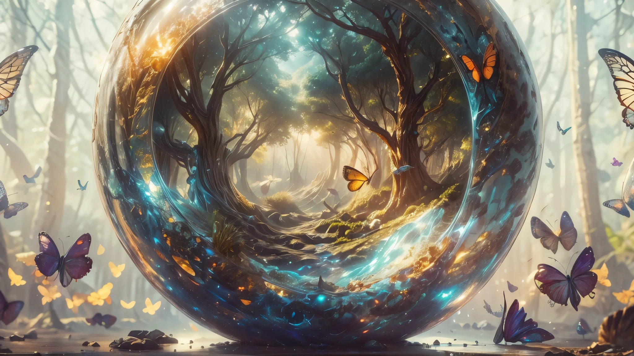 (masterpiece),(best quality:1.0), (ultra highres,), detailed, a glass ball with a tree inside of it, digital art, cg society contest winner, butterflies and sunrays, concept art design illustration, beautiful digital illustration, closed ecosystem