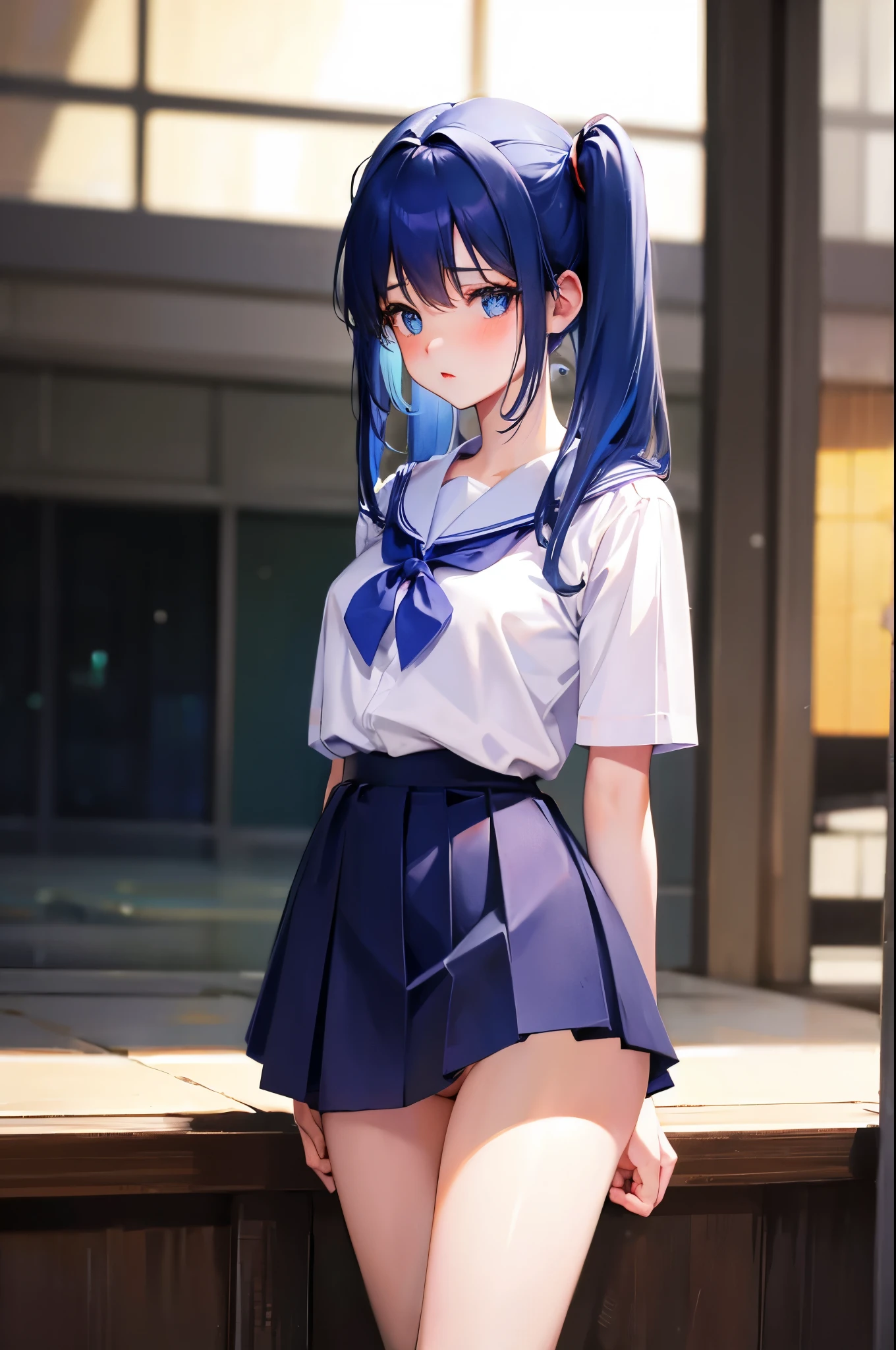 Pull down your panties、lower panties、Pull down your panties,Bright blue hair、8K, highest quality, masterpiece, super detailed、bright blue hair、medium long hair、twin tails、young face、、full lips、Pale blue eyes、、blush、lipstick、medium breasts、perfect hands、detailed hands、Blushing、Glamorous expression、Nipples are visible、、school gymnasium、
lower panties