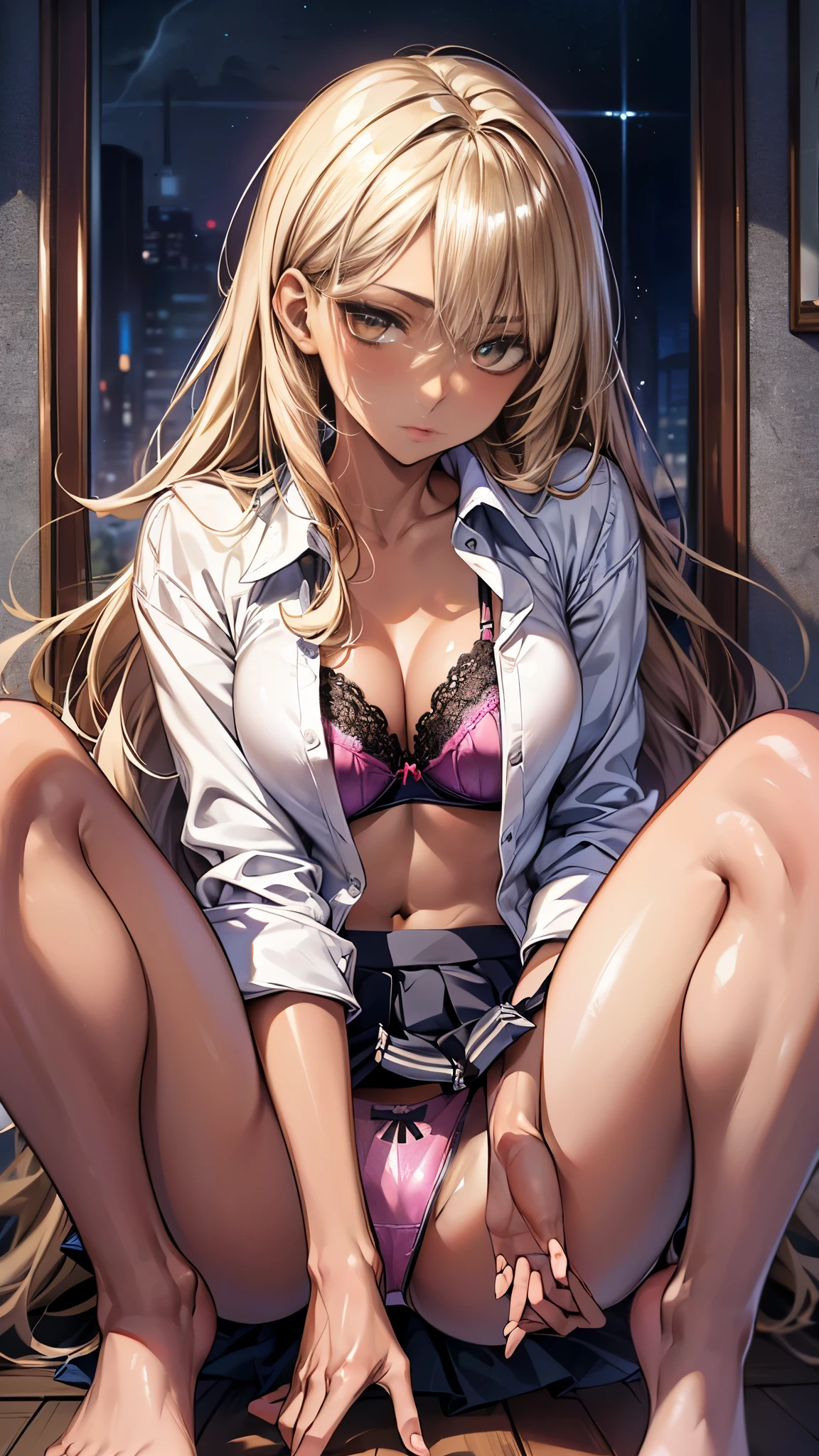 (((night,真night中))),((Dark atmosphere)),(whole body),((Perfect Anatomy:1.2,Realistic:1.3,Raw photo:1.3,masterpiece、highest quality、Ultra - High resolution、High resolution、Extremely detailed CG、8k)),((attractive way to sit)),((((Crouching pose)))),1 female,alone,18-year-old、High school girl beautiful girl,Japanese,((Beautiful and exquisite face and eyes:1.2,Big beautiful eyes:1.0,)),(Brighten your eyes),((Beautiful woman))、((Blonde)),Long Hair,(Center parted hair:1.4,amount),Medium chest,((slim body)),Small Head:1.3,skinny,(Brown Skin:1.8),(Oily skin,Glowing Skin,Shiny skin,Sweat:1.4),(((school uniform、Dark blue blazer jacket、((White Shirt))、Checkered pleated mini skirt))),(prostitution),((show off bra:1.1)),((open legs:1.5)),Dirty back alley、Tokyo、((Turn your body forward)),(lonely),((Feeling melancholy))、Stick out your crotch、(Detailed depiction of the crotch),(Apathy),(Lucky)、((Expressionless))、break,(((satin bra)))、(((Satin panties)))、(shiny bra:2),((Shiny panties:2))、((((Bra and panties in the same color))))