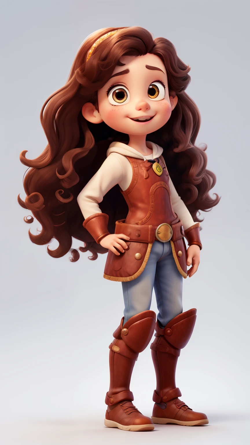  character, childrens book illustration style, multiple poses and expressions, white background, full body, full colour, long curly brown hair, simple cute, 7 year old girl, camera focused, wearing knights armour, disney cartoon pixar style.