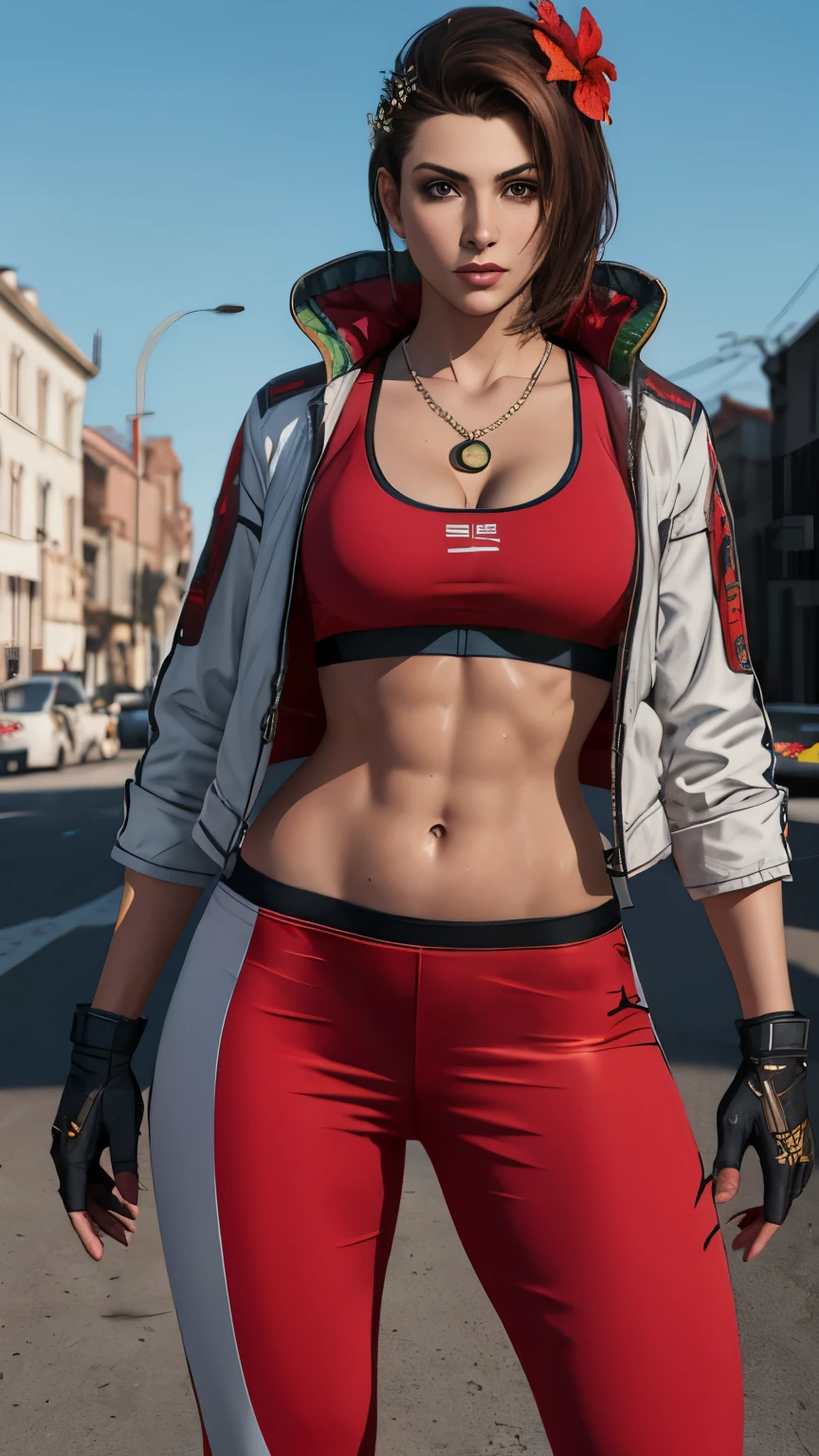 (Highly detailed, masterpiece, highly resolutions, highly quality,) fire city background, body facing viewer, {{{SplitScreen, split screen, BREAK azucena from tekken, brown hair, hair ornament, gloves, navel, jewelry, white jacket, flower, red midriff, red pants, hair flower, fingerless gloves, necklace, open jacket, crop top, dark skin, dark-skinned female, red midriff, red Sport bra, Muscular, brown eye.}}},