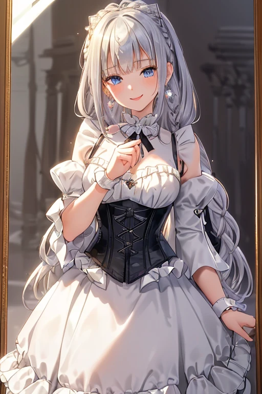 ((masterpiece 1.8)),ultra-detailed, 8K, High resolution, best quality, (stunning cg), ((1girl)), ((solo)), from front, looking at viewer, close up, ((very beautiful and cute girl)), ((ars old graceful girl)), (silver hair), (super long hair), ((fine detailed blue eyes)),
((small bast)), ((bangs:1.2)), ((french braid:1.2)), ((slender:1.8)), jewelry, earrings, parted lips, corset dress, high collar, bow, ((frilled sleeves:1.4)), ((tired layers skirt)), cascade ruffles, lots of ruffles, lace ruffles, (graceful smile:1.8), (goddess-like happiness:1.6), (best shadow:1.3),
(soft shadow:1.1),
(beautiful shadow:1.3),
(beautiful reflection:1.3),
(Prismatic light),
(sparkling light),
(beautiful light),
(fantastical light),
(prismatic reflection),
(soft reflection:1.3),
(natural reflection:1.2),
(blurry tone),
(sense of depth:1.5),