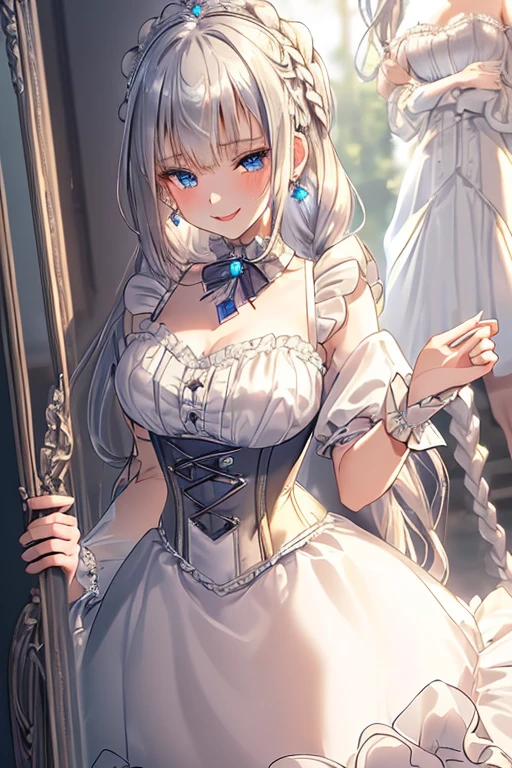 ((masterpiece 1.8)),ultra-detailed, 8K, High resolution, best quality, (stunning cg), ((1girl)), ((solo)), from front, looking at viewer, close up, ((very beautiful and cute girl)), ((16years old graceful girl)), (silver hair), (super long hair), ((fine detailed blue eyes)),
((small bast)), ((bangs:1.2)), ((french braid:1.2)), ((slender:1.8)), jewelry, earrings, parted lips, corset dress, high collar, bow, ((frilled sleeves:1.4)), ((tired layers skirt)), cascade ruffles, lots of ruffles, lace ruffles, (graceful smile:1.8), (goddess-like happiness:1.6), (best shadow:1.3),
(soft shadow:1.1),
(beautiful shadow:1.3),
(beautiful reflection:1.3),
(Prismatic light),
(sparkling light),
(beautiful light),
(fantastical light),
(prismatic reflection),
(soft reflection:1.3),
(natural reflection:1.2),
(blurry tone),
(sense of depth:1.5),