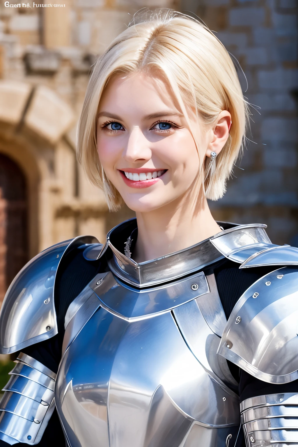 8K、highest quality、female knight、Luxurious Silver Armor、、hairstyle short cut、smile、Beautiful Teeth、Full body photo、ear piercing、blonde、White woman、blue eyes、Heavy makeup、The background is inside the castle