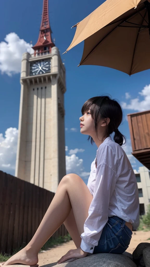 Anime girl sitting on a rock looking at the sky,A tower piercing the sky in the distance, makoto shinkai cyril rolando, anime art wallpaper 4k, anime art wallpaper 4k, Cyril Rolland and Goro Fujita, anime art wallpaper 8k, 4k anime wallpaper, anime wallpaper 4k, anime wallpaper 4k, ( ( makoto shinkai ) ), makoto shinkai!