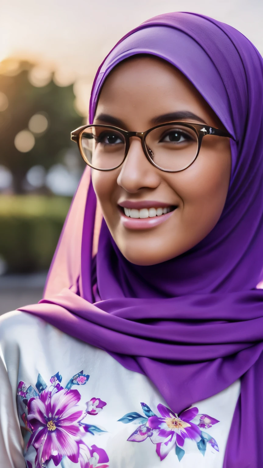 full body image of ultra realistic,16k, enhanced quality, perfect face, perfect hands, perfect body, ultra detailed, perfect hair, girl wearing glasses, perfect glasses, perfect smile, ultra realistic,wearing soft purple nigerian hijab, perfect nigerianhijab, muslim women white long floral dress, perfect dress, sandals, a purse on shoulder,standing in a market,illustration,cozy atmosphere, morning scene,tranquil surroundings,serene expression,peaceful environment,pleasant weather,blissful ambiance,textured fabrics,exquisite detailing,lively marketplace,loose hijab,comfortable clothing style,serene expression, feminine pose,lively,energetic atmosphere,sunny day,bright and cheerful,face to viewer,body facing to viewer,full body portrait,tall background