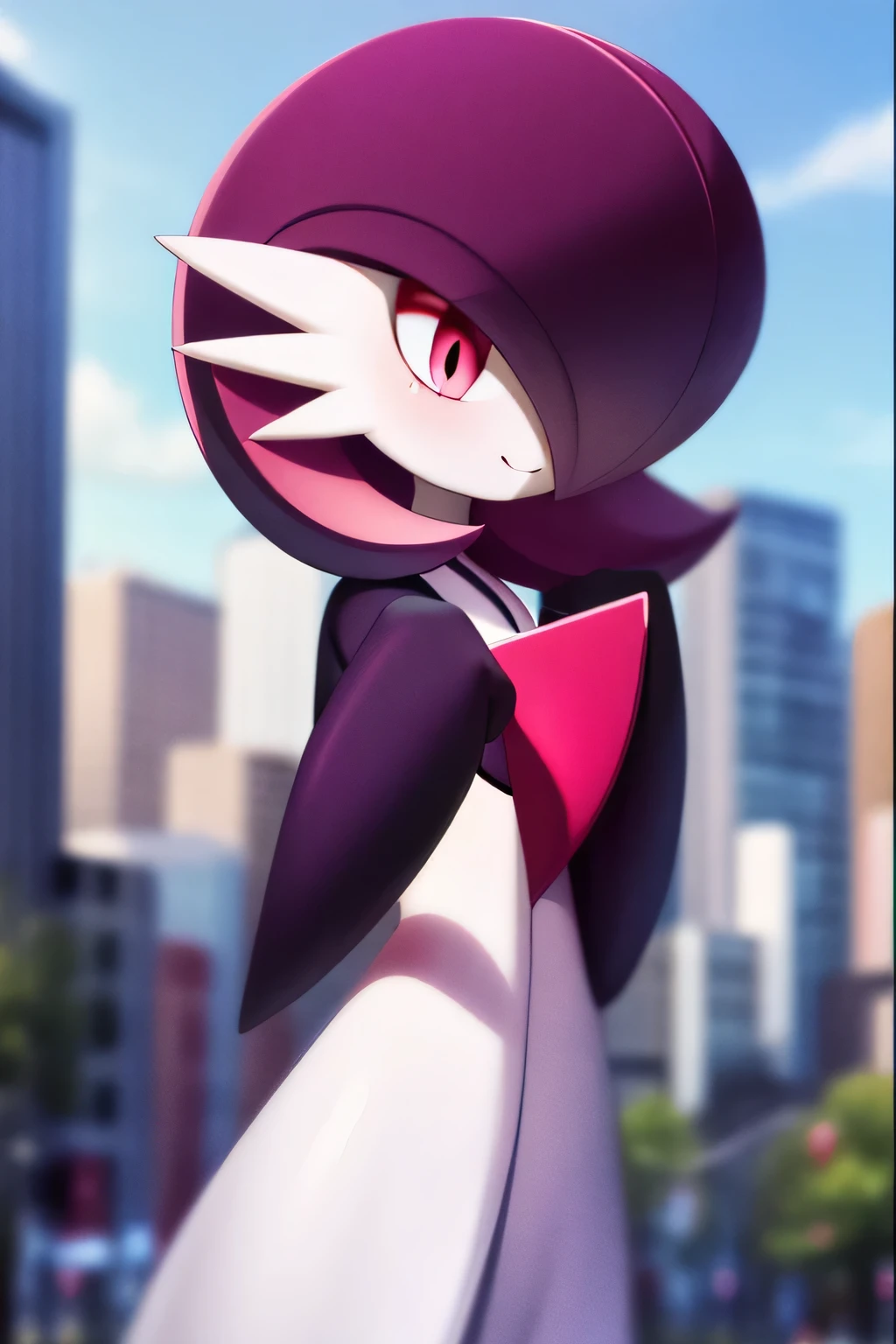 Masterpiece, best quality, 1 girl, solo, gardevoir, white dress, creatures \(company\), freak game, Nintendo, pokemon, pokemon \(game\), punches, colored skin, female focus, flat chest, Pokémon generation 3, dark violet hair, discolored hair, dark violet skin, hair over one eye, multi-colored skin, pokemon \(creature\), red eyes, black pupil, short hair, two-tone skin, white skin, vial cone in the head, city backgrounds, smile, standing, mouth closed
