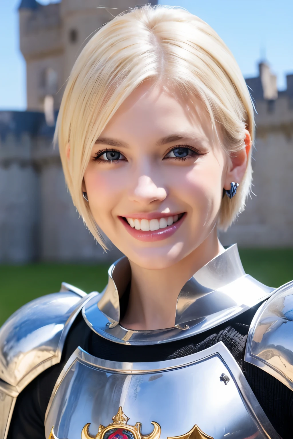 8K、highest quality、female knight、Luxurious Silver Armor、、hairstyle short cut、smile、Beautiful Teeth、Full body photo、ear piercing、blonde、White woman、blue eyes、Heavy makeup、The background is inside the castle