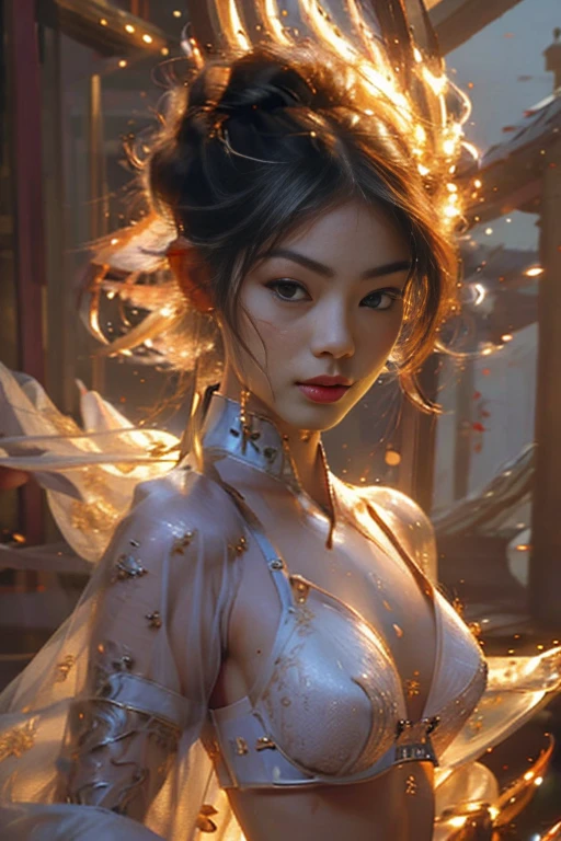 (petite lilymaymac:1.3), Best Quality, Masterpiece, Ultra High Resolution, (Realism: 1.4), Original Photo, 1Girl, Perfect Face, Delicate Facial Features, Perfect Hands, Delicate Eyelashes, Delicate Eyes, Complex Textures, Gorgeous Armor, Chinese Weapon, Floating Sword, Flame, Light, Serious Expression, Complex Background, Chinese Palace, (topless:1.3), (sleveless:1.4), (sexy bra:1.5)