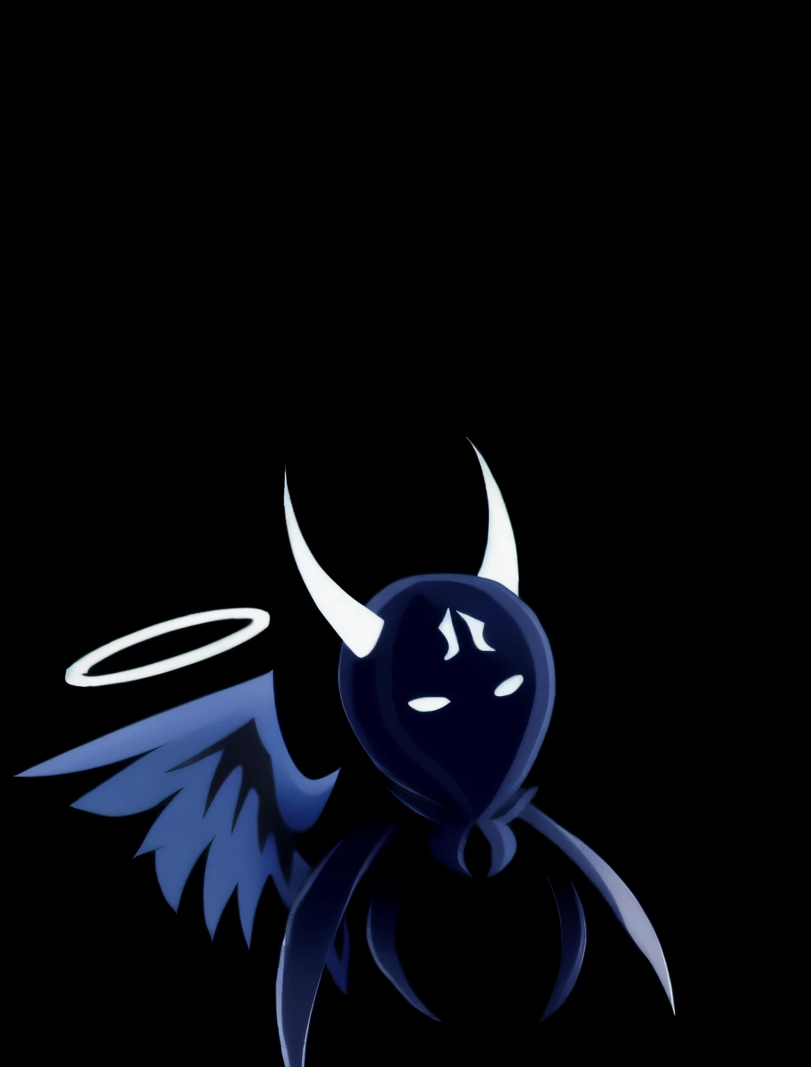 there are two blue masks with horns and a halo on them, drawn in microsoft paint, very very low quality picture, good and evil, devil versus angel, with out shading, [ digital art ]!!, unknown artstyle, speedpaint, hollow knight style, angel versus devil, digital art!!, devils, good vs evil, slight evil smile