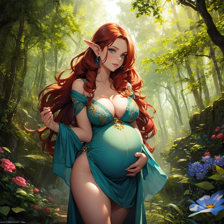 1girl, pregnant, elf, blue eyes, earrings, forest, flowers, natural lighting, masterpiece, highly detailed, illustration, game C, high quality, medium breasts, red hair, long curly hair, freckles, glossy lips, on her knees, looking up at viewer, seen from above, cleavage, erotic fantasy, Boris Vallejo, dress made from leaves, skimpy