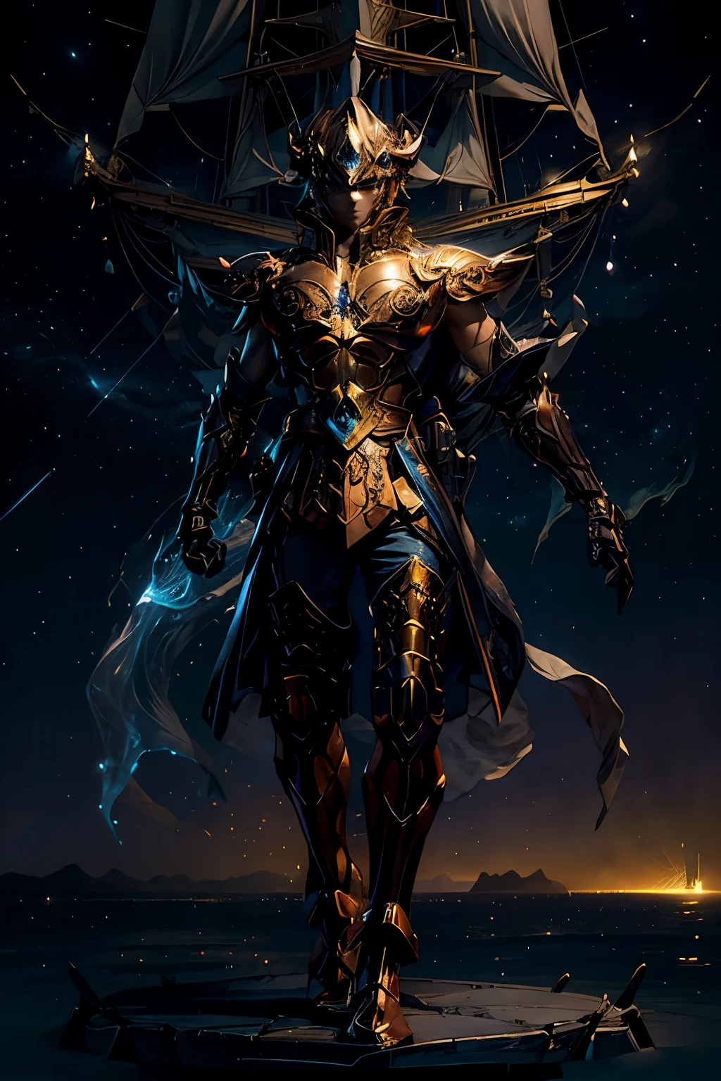 Generate an image of the "Captain of Souls," a charismatic and enigmatic figure standing proudly on the deck of a majestic, ethereal ship as it sails serenely through the star-studded night sky. The ship's hull shimmers with bioluminescent runes and symbols that seem to dance and pulse with an otherworldly energy. The billowing sails catch the celestial winds, billowing and crackling with an otherworldly radiance.
The Captain, with a wise and determined gaze, is dressed in attire that seamlessly blends elements of ancient wisdom and futuristic technology. Their robes are adorned with intr