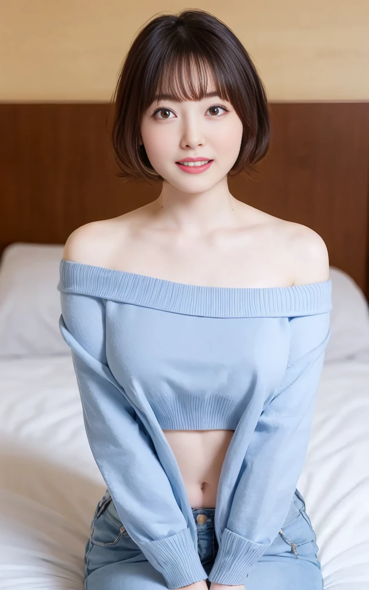 (masterpiece,highest quality,超A high resolution),Japanese women, (((Very beautiful girl))), pretty girl、View Photographer、Front view, ((bob hair)), Super cute face, glossy lips, Double eyelids on both eyes, Natural Makeup, length eyelashes, Shiny and smooth hair, Center image, Perfect limbs, Perfect Anatomy,(((A very small, tight-fitting off-the-shoulder sweater、Belly button、))), (((Very cute 18 years old)))、(((length)))、((On the bed))), Put out the nipple、topless、Open your mouth and stick out your very long tongue、Licking one's lips、Upper body do-up、Big Breasts、Bring your hands together、Correct number of arms and hands、Dacchuno、Creating a valley、Get closer to the camera