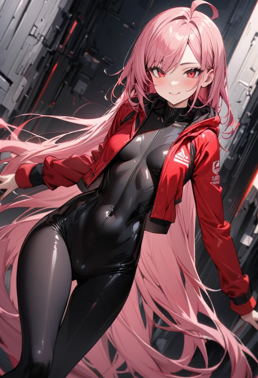 masterpiece, best quality, ultra detailed, 1girl, , tall, mature, pink hair, very long hair, ahoge, long flipped side hair, separated bangs, deep red eyes, slightly smile, red jacket, black and skinny inner suit,