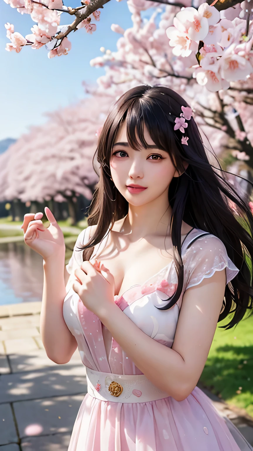 (A logo、masterpiece、8K、masutepiece、Raw photo、Fantastic、Best Quality、Photorealistic and ighly detailed CG integrated 8k wallpaper、hightquality、ighly detailed、epic poem、Particle effect、Dynamic effects、depth of fields、Cinematic Light、Lens Flare、Ray tracing)、Fantasia、 (Beauty 1 person、doress、Dress、Cherry blossom pattern、A dark-haired、Beautiful face、Real Face、beautiful details eyes beautiful skin)、my hair dances in the wind、Hair flutters in the wind、Hair jumps、Pink cherry blossom tree、Petals flutter、Sakura blizzard、Superb view、morning glow、Sun in the background、the wind、