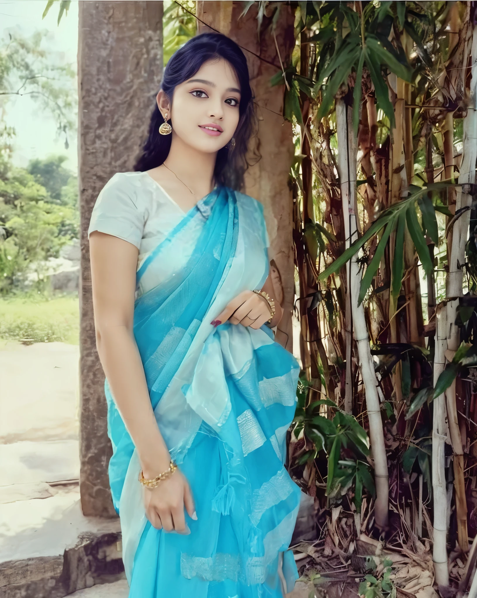 A woman in a blue sari posing for a picture - SeaArt AI