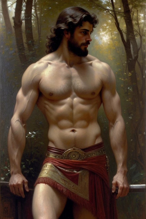 Um retrato pintado de corpo inteiro, um Apollo equipado, Deus da beleza, Deus grego, beleza masculina grega, cabelo loiro, grandes olhos sedutores, big lips, big bulge on kilt, pele dourada, homem bonito, jovem, incrivelmente lindo, tronco, muscular, torso peludo, fantasia, intrincado, elegante, Altamente detalhado, pintura digital, art station, arte conceitual, macio, sharp focus, illustration, arte de Gaston Bussiere, Alphonse Mucha e William-Adolphe Bouguereau