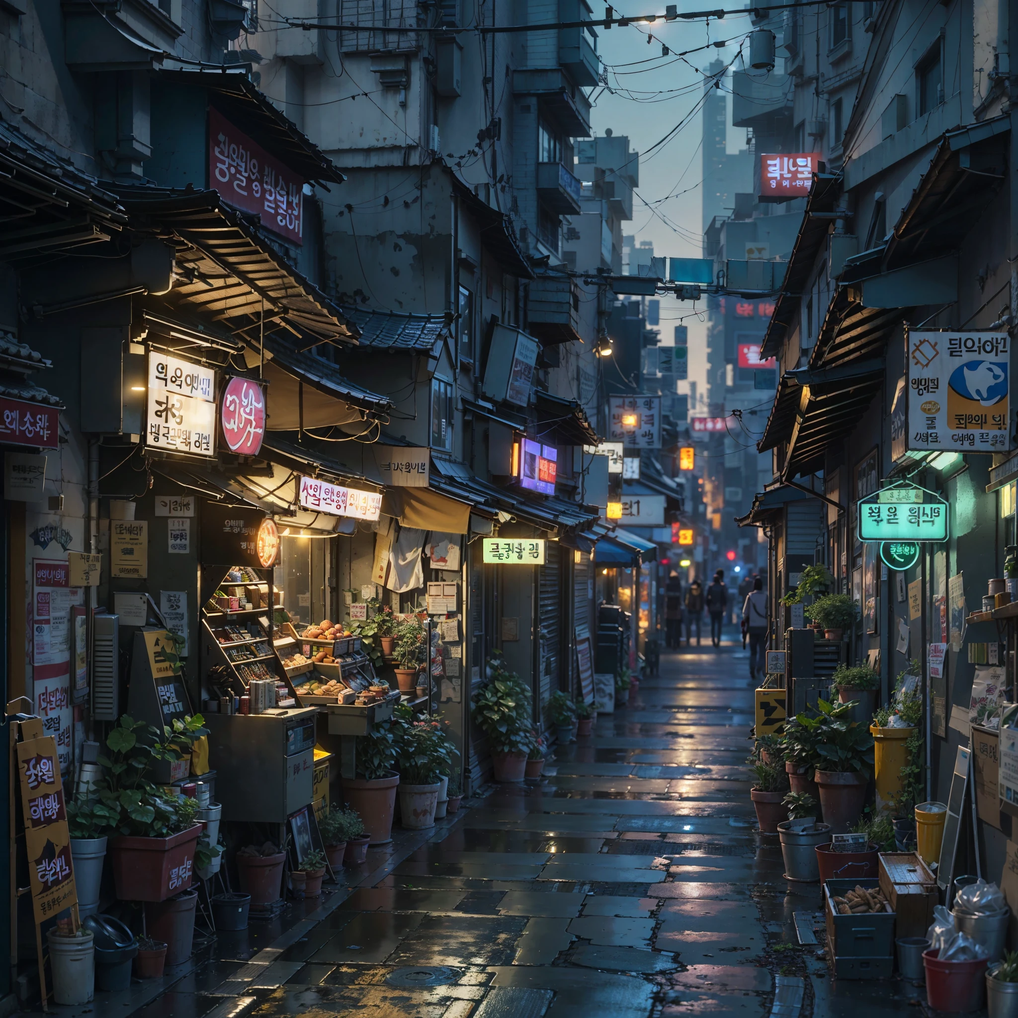 narrow ally in Seoul, cyberpunk city from sci-fi movie, empty street, night, Korean, Korean signs, old shops, cozy, circuit boards, wires, intricate, hyper-detailed, realistic, ultra-realistic, high quality, best, ultra detail, crazy detail, extremely detailed, photo realism, 8k