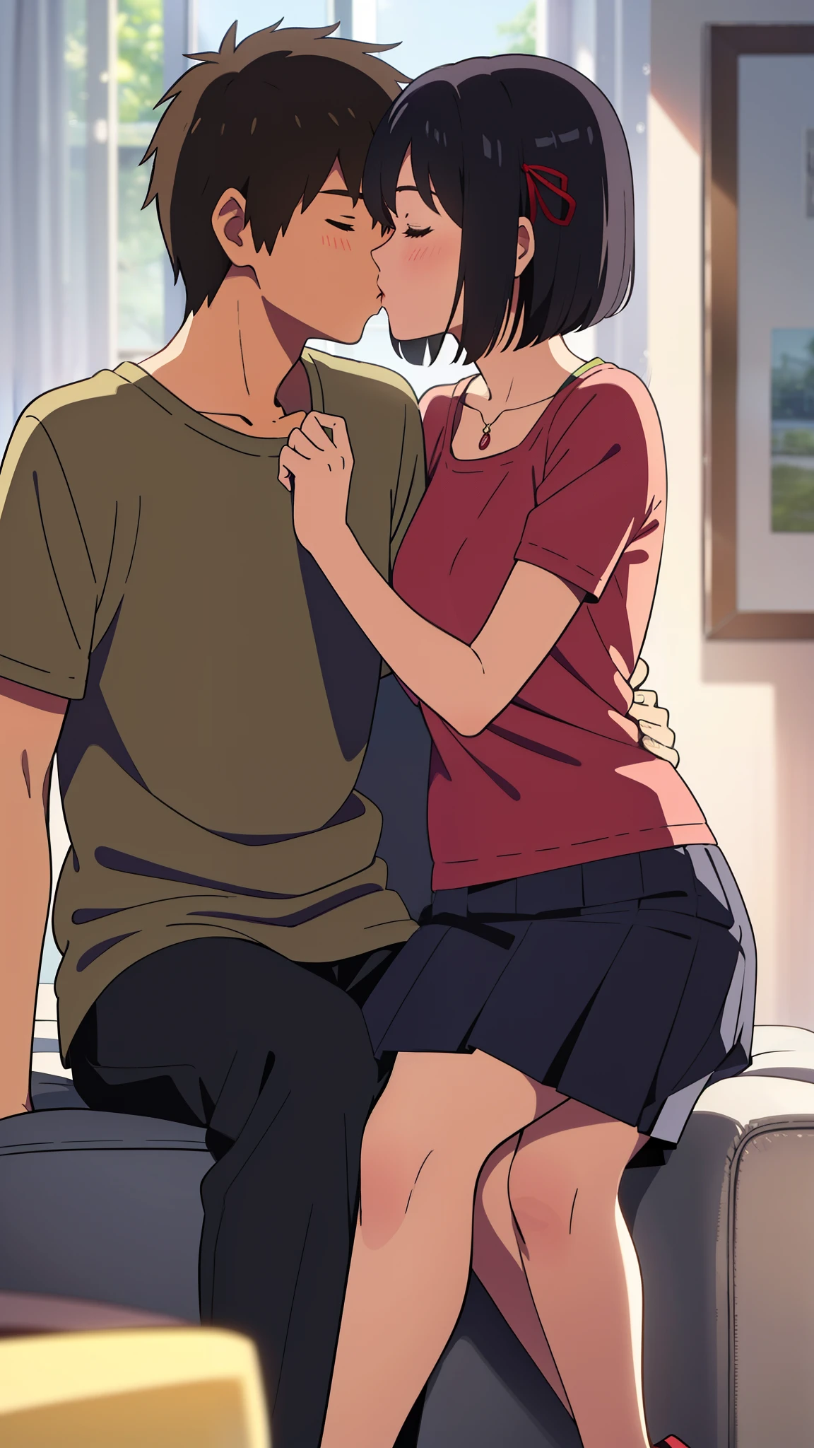 1boy, buzzcut, school uniform, face to face, cheek kissing, hug, 1girl, mitsuha miyamizu, open mouth, black hair, short hair, blush, brown eyes, collared shirt, white long sleeve, unbuttoned shirt, open shirt, light pink bra, cleavage, medium breast, indoors, night, passionate hug, lie on bed