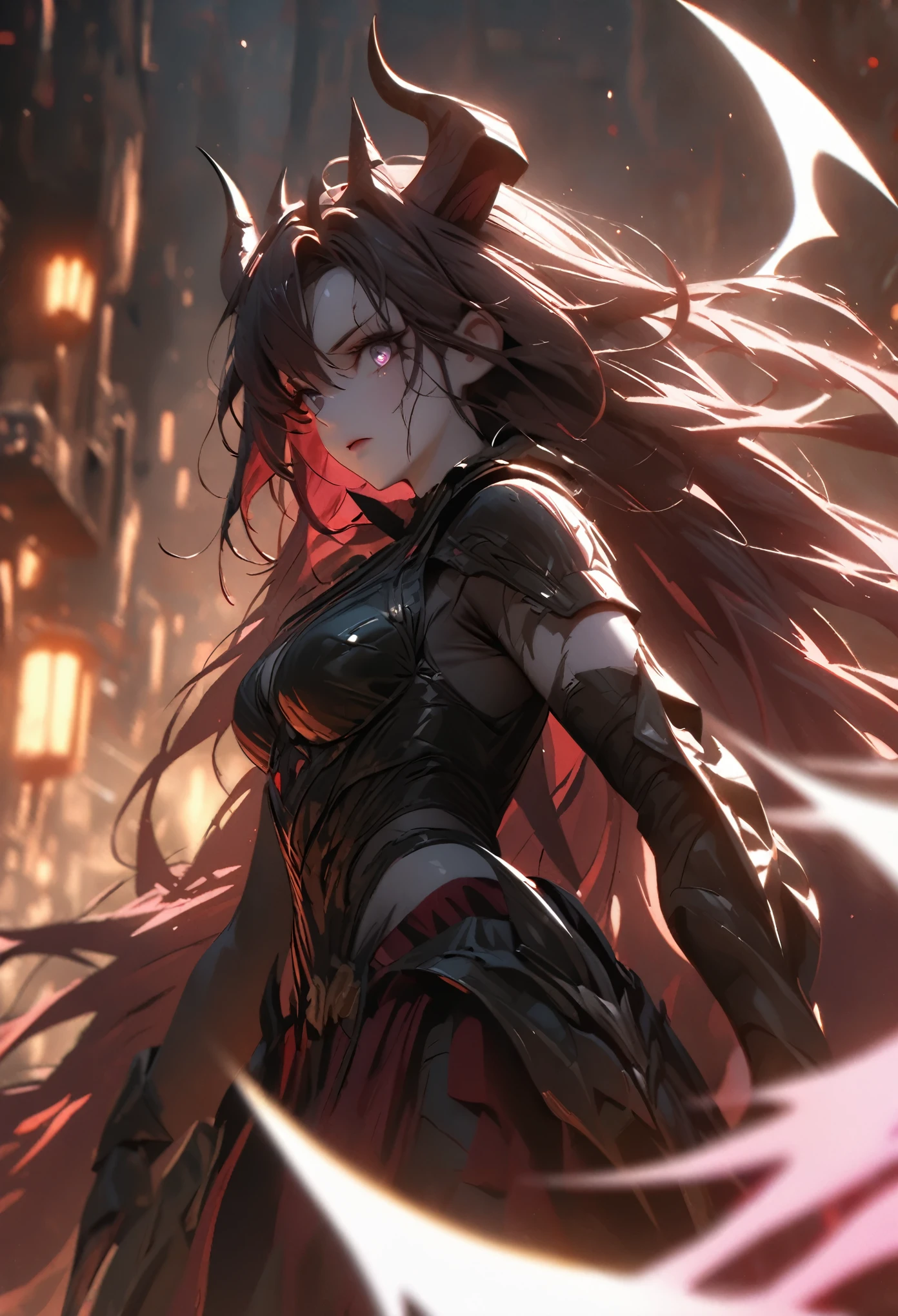 (solo), purple-red hair, messy hair, mane hair, extra long hair, dense hair, wild hair, expressive hair, mature, woman, (25 year old), pale skin, cyan eyes, curved horns, demon girl, demonic woman, wearing a black armor, armored arms, armored legs, claws,, beautiful, attractive, eye reflection, depth of field, thunder aura,cinematic lighting, ray tracing, depth of field, cinematic lighting, ray tracing, UHD, high details, best quality, highres, high quality, award winning, super detail, masterpiece, 8k, UHD, high details, best quality, highres, high quality, award winning, super detail, masterpiece, 8k, digital art, anime coloring, body shot
