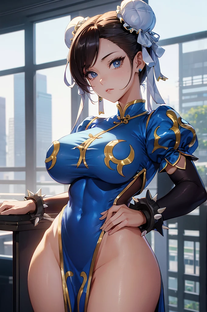 Chun-Li,linda jovem com uniforme azul classico, coxas grossas, belas coxas sexy,um pouco muscolosa, cabelo preso, Meias pretas,cidade chinesa a tarde, sozinho.Sozinho, roupa azul, saia azul, olhar serio, belos olhos, belo rosto bem detalhado, olhos e sobrancelhas detalhado.olhos castanhos escuros
