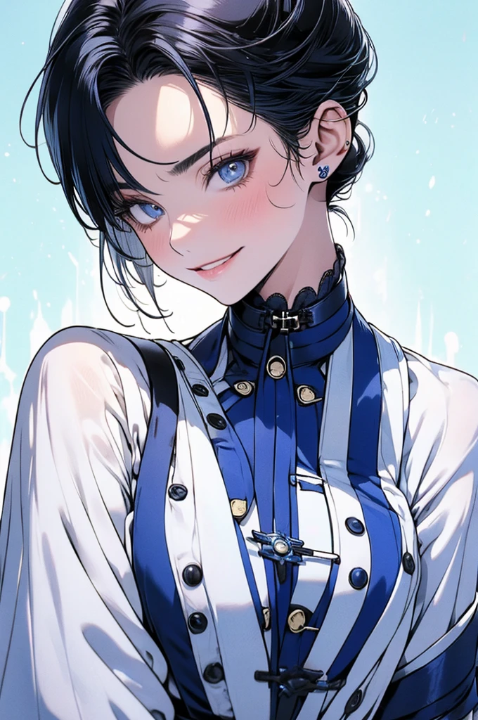 Chun-Li,linda jovem com uniforme azul classico, coxas grossas, belas coxas sexy,um pouco muscolosa, cabelo preso, Meias pretas,cidade chinesa a tarde, sozinho.Sozinho, roupa azul, saia azul, olhar serio, belos olhos, belo rosto bem detalhado, olhos e sobrancelhas detalhado.olhos castanhos escuros,sorriso