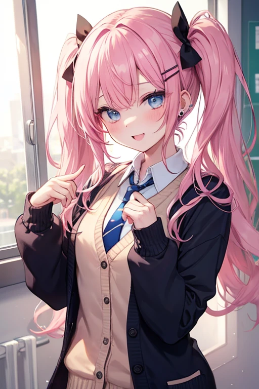Pink Hair、blue eyes、 girl、Small breasts、Twin tails、Laughter、Nico Nico Smile、wearing a knit cardigan、Wink、 girl、Looks about 15 years old、Petan Musume、girl、uniform、 girl、accessories、ear piercing、Cute hairpin、hair ornaments、Gal-like、At school、The look of temptation、sexy、His tie is loose and a little bit of his chest is showing.