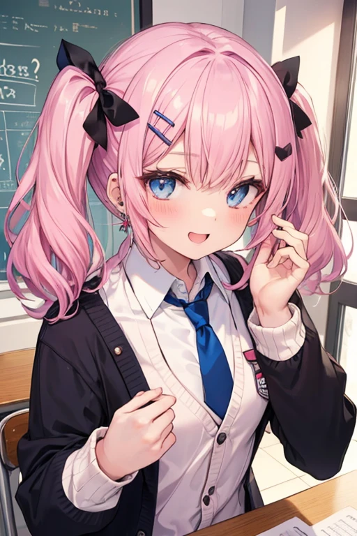 Pink Hair、blue eyes、 girl、Small breasts、Twin tails、Laughter、Nico Nico Smile、wearing a knit cardigan、Wink、 girl、Looks about 15 years old、Petan Musume、girl、uniform、 girl、accessories、ear piercing、Cute hairpin、hair ornaments、Gal-like、At school、The look of temptation、sexy、His tie is loose and a little bit of his chest is showing.
