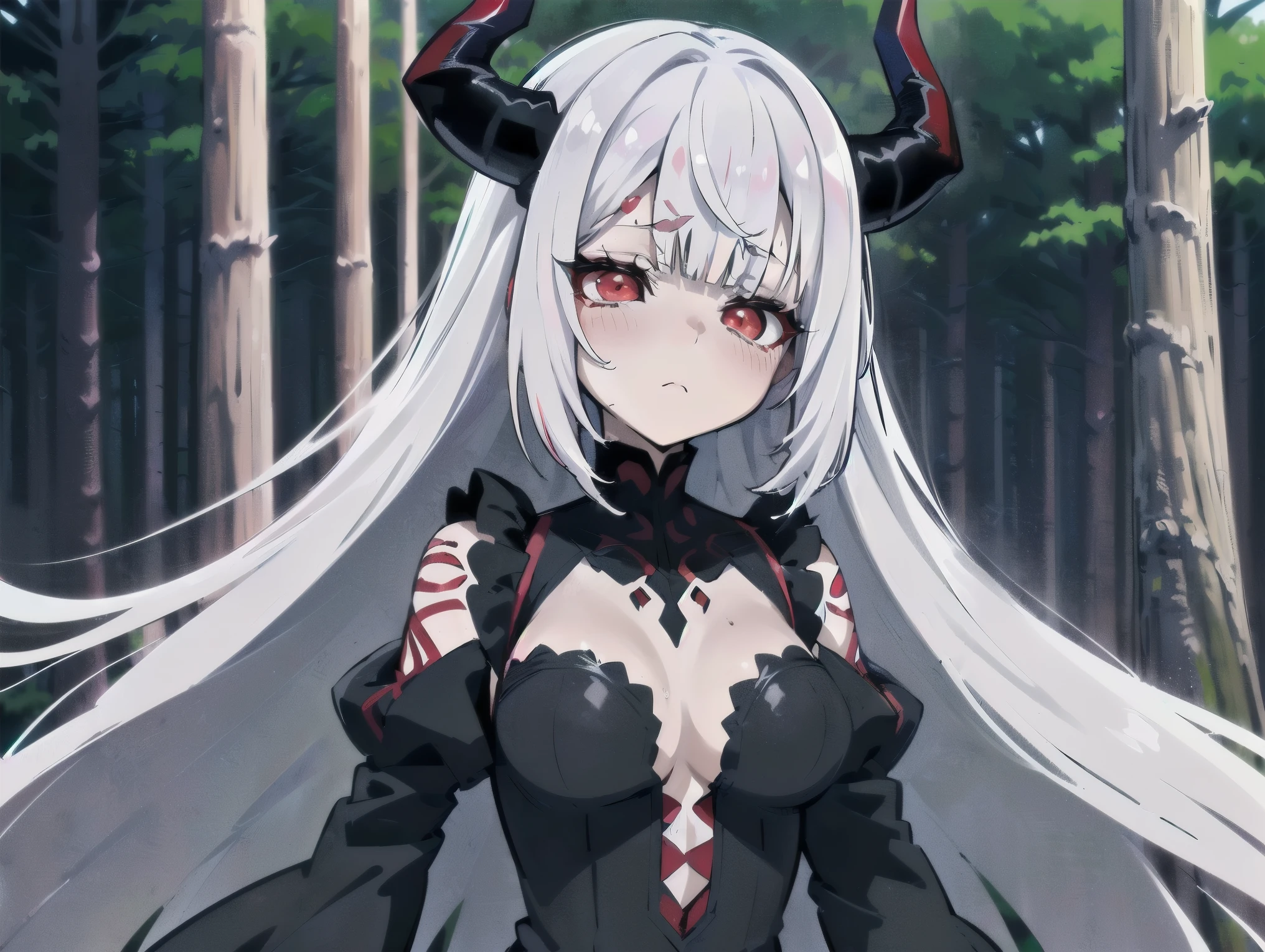 concept art, ((CG)), ((1girl spider)), ta, ((((long white hair)))), ((horns)), (((red eyes))), ((((6 eyes)))), ((spider body)), (((blunt bangs))), ((matted hair)), ((((sleepy)))), sloppy, ((best quality)), ( ((black dress))), ((artwork)), (detailed), perfect face, ((style novel)), beautiful cores, ((((anime_Colores)))), ((in the forest)) , (Alone)