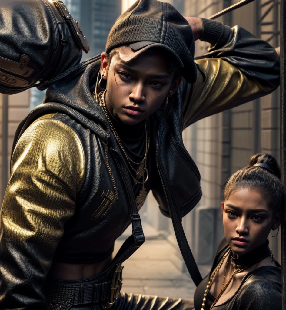 (Group of young adults), 8k photo, (Children of Rhea Ripley and 50 cent), hip hop style, ((solo male)), ((solo female)), hip hop influence, (melanin skin/genetics), African American, masculine, male, 50 cent energy, Rhea Ripley energy, african American, black genetics, Mixed ethnicity,  (Streetwear Clothing), Royalty, Luxury clothing, high quality crewneck shirt, high quality long sleeve, wearing jewelry, muscular, strong body, muscular upperbody, strength, wise, naturally attractive, focused, intelligent, godly essence, vibrant eyes, vibrant being, divine presence, Sagittarius energy, warrior energy,, (detailed face), (detailed clothing), ninja energy influence, artwork in the style of a cinematic movie, movie project, strong characters : unreal engine: masterpiece, octane trending on cgstudio, stunning digital illustration, Upscale high quality, (octane render) fantasy style, 