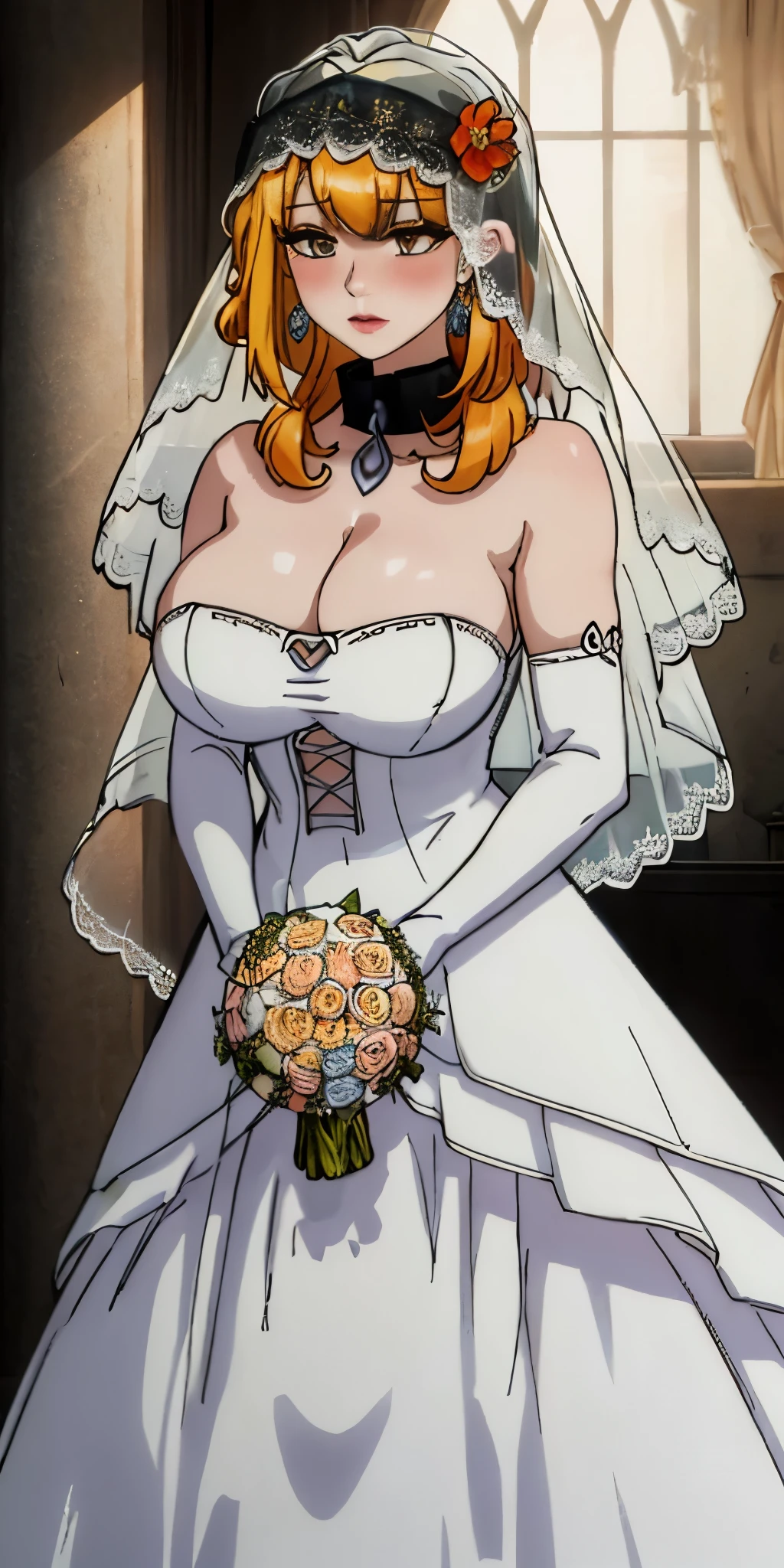 Roxanne, Close-up of beautiful bride wearing beautiful wedding dress, Gurwitz, (bridal veil:1.5), (Transparent short veil:1.5), Blushing face, head flower, headgear, (tube top wedding dress: 1.5), (Silk dress: 1.2) (Strapless wedding dress: 1.5) pure white dress, necklace, earrings, (large breasts:1.3), Deep V peach heart collar wedding dress, bangs, lipstick, (lace gloves: 1.3), whole body, high detail RAW color art, Long white dress, whole body, place your hands behind your back