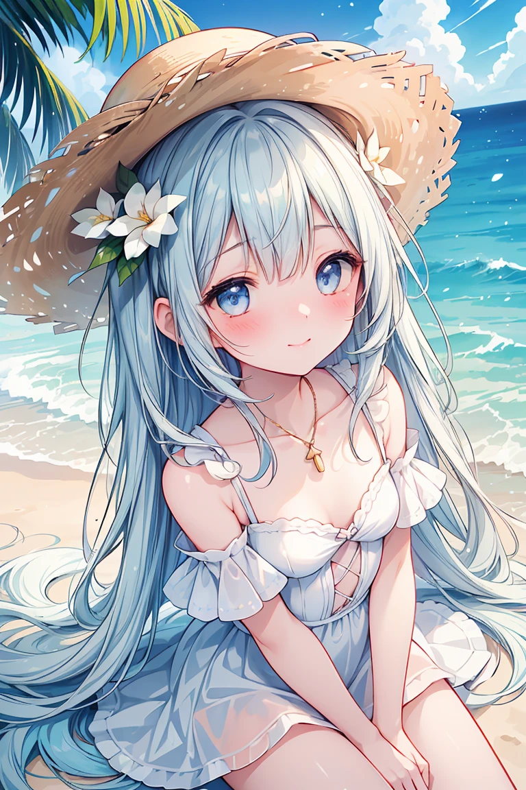 Masterpiece, best quality, extremely detailed, (illustration, official art: 1.1), 1 girl, ((light blue hair))), light blue hair, 10 years old,  ((blush)), cute face, big eyes, masterpiece, best quality, ((a very delicate and beautiful girl)))), amazing, beautiful detailed eyes, blunt bangs (((little delicate girl)))), tareme (true beautiful: 1.2),Official art、Top quality ultra-detailed CG art、a beauty girl：１.２）、lightblue hair、Glossy hair、 , ,smile,masterpiece, best quality, 8k resolution, sharp focus, intricate detail, beautiful girl, (flat chest)),, face,,sparkling eyes, golden ratio face, otherworldly liquid, watercolor, ((pastel colors)), bright colors, whimsical, colorful, sharp focus, high resolution, fine detail, princess fantasy ((round eyes)), iridescent bubbles, castle landscape in background、masterpiece, best quality, extremely detailed, (illustration, official art:1.1), shy,1 girl ,(((( light blue long hair)))), light blue hair, ,10 years old, long hair ((blush)) , small breasts,cute face, big eyes, masterpiece, best quality,(((((a very delicate and beautiful girl))))),Amazing,beautiful detailed eyes,blunt bangs((((little delicate girl)))),tareme(true beautiful:1.2), {{{official art}}}, best quality, absurdres, {{{{{{{{{{wavy hair, applying makeup}}}}}}}}}}, {{{blush}}},raise your arms、(highest quality, masterpiece, High resolution)、((anime art))、((There are no people))、 (Beautiful tropical beach landscape photography)、cinematic light、particles of light、tropical、(flowers on the beach)、Palm tree、on a sunny beach、sandy beach、beach、Ocean、island、 (blue sky and white clouds)、squall、(rainbow)、((Masterpiece)),, Noon, Sunshine, Seaside, Fantastic sky、bikini,(masterpiece), (best quality)), (ultra-detailed), ((kawaii)), cute, (lovely),(hair over eyes), necklace, blush, smile, hands behind head, straw hat, smile, (swim ring wrapped around chest)), Wear a float: 1.4), Lens Flare,full body, (from above:1.3)