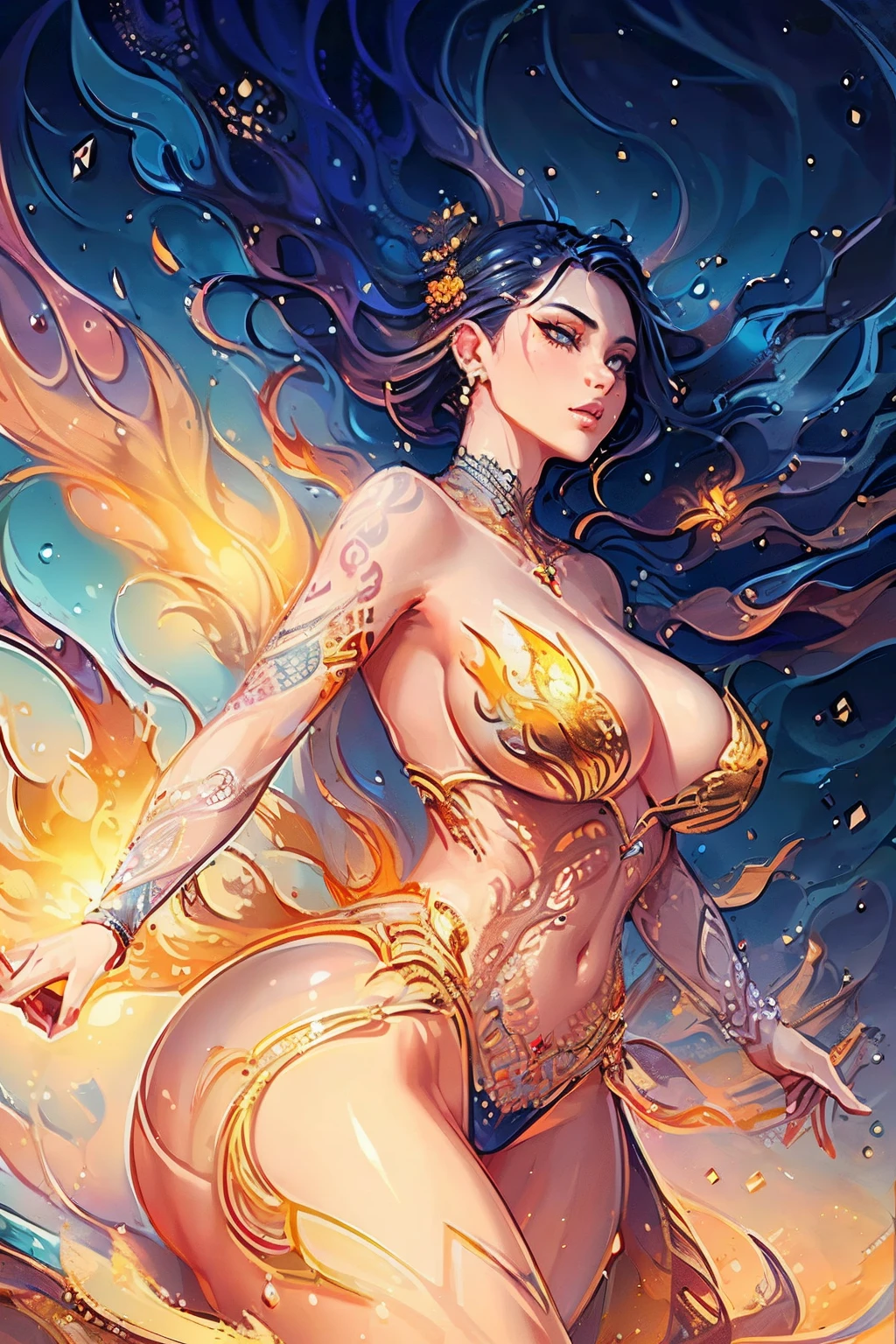 There is a curvaceous woman with  and cleavage, proudly showcasing her shaved side hairstyle. Her captivating figure is adorned with intricate Tribal tattoos that cover every inch of her body. The woman wears a mesmerizing long flowing dress, which seems to be woven from the very depths of lava, creating an exquisite juxtaposition of fire and water. The vivid colors and realistic details brought to life in this beautiful artwork illustration showcase the intricate patterns and delicate textures of her dress, evoking a sense of both allure and danger. This stunning digital illustration, skillfully crafted by the talented Jen Bartel,