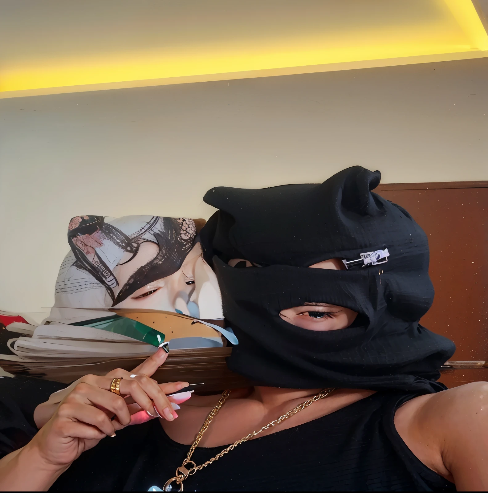 (Masterpiece:1.1, best quality:1.1, 32k HDR, high resolution), (1girl in, Solo), Arabian female, Arabian female terrorist, huge breasts, huge cleavage, camouflage bra, camouflage pants, gun belt, black mask, (((full head mask, balaclava))), detailed skin texture, (sitting, show me her shaved armpits, in abandoned small house, bed, concrete house, desert, perfect slim body:1.1),