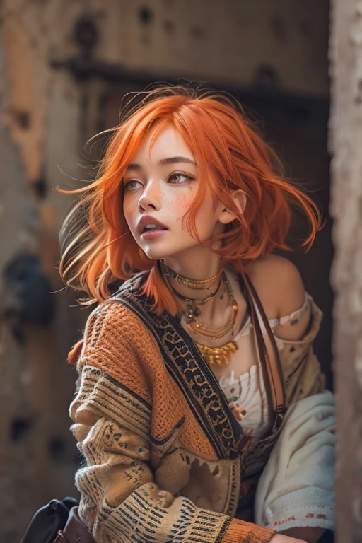 1girl, belviso, bob cut, braid, freckles, lips, long hair, looking at viewer, messy hair, orange hair, half body shot, realistic, solo, teeth