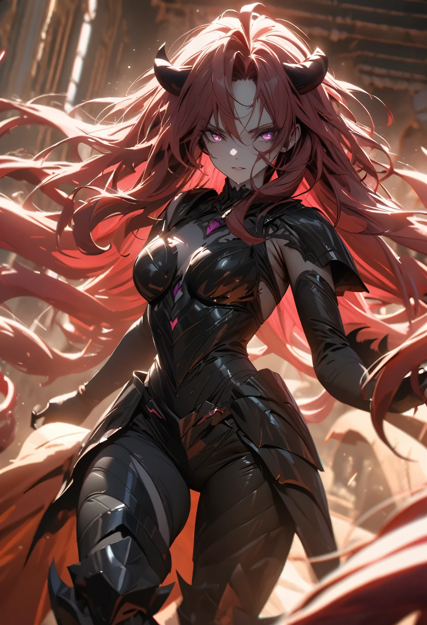 (solo), pinkish red hair, messy hair, mane hair, extra long hair, dense hair, wild hair, expressive hair, mature, woman, (25 year old), pale skin, purple eyes, curved horns, demon girl, demonic woman, wearing a black armor, armored arms, armored legs, claws,, beautiful, attractive, eye reflection, depth of field, thunder aura,cinematic lighting, ray tracing, depth of field, cinematic lighting, ray tracing, UHD, high details, best quality, highres, high quality, award winning, super detail, masterpiece, 8k, UHD, high details, best quality, highres, high quality, award winning, super detail, masterpiece, 8k, digital art, anime coloring, body shot, good face, perfect face, detailed face, good eyes
