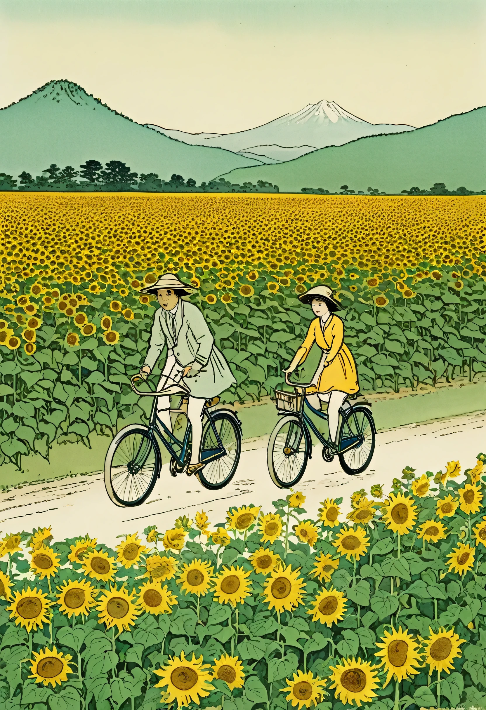 Kate Greenaway Style ,Man and woman cycling through sunflower fields in Japan, Sunflowers Everywhere, Color Field , Randolph Caldecott book illustrations