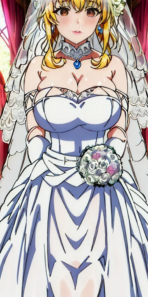 Roxanne blonde dog ears, Close-up of beautiful bride wearing beautiful wedding dress, Gurwitz, (bridal veil:1.5), (Transparent short veil:1.5), Blushing face, head flower, headgear, (tube top wedding dress: 1.5), (Silk dress: 1.2) (Strapless wedding dress: 1.5) pure white dress, necklace, earrings, (large breasts:1.3), Deep V peach heart collar wedding dress, bangs, lipstick, (lace gloves: 1.3), whole body, high detail RAW color art, Long white dress, whole body, place your hands behind your back
