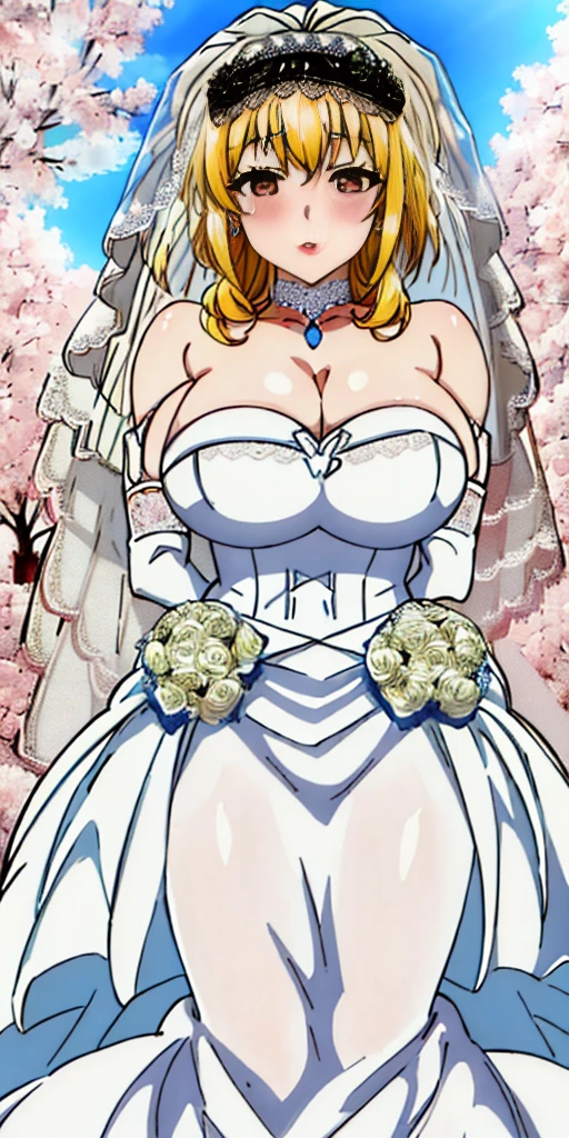 Roxanne blonde dog ears, Close-up of beautiful bride wearing beautiful wedding dress, Gurwitz, (bridal veil:1.5), (Transparent short veil:1.5), Blushing face, head flower, headgear, (tube top wedding dress: 1.5), (Silk dress: 1.2) (Strapless wedding dress: 1.5) pure white dress, necklace, earrings, (large breasts:1.3), Deep V peach heart collar wedding dress, bangs, lipstick, (lace gloves: 1.3), whole body, high detail RAW color art, Long white dress, whole body, place your hands behind your back