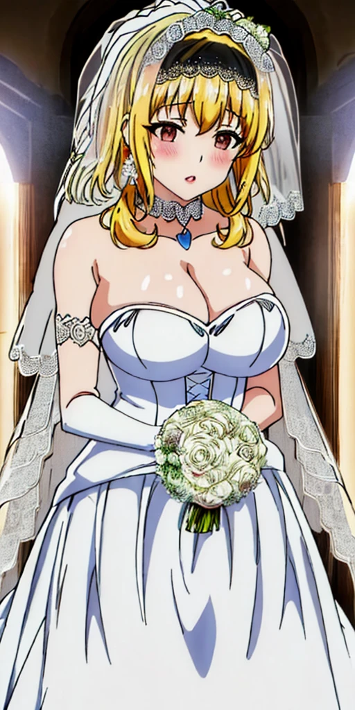 Roxanne blonde dog ears, Close-up of beautiful bride wearing beautiful wedding dress, Gurwitz, (bridal veil:1.5), (Transparent short veil:1.5), Blushing face, head flower, headgear, (tube top wedding dress: 1.5), (Silk dress: 1.2) (Strapless wedding dress: 1.5) pure white dress, necklace, earrings, (large breasts:1.3), Deep V peach heart collar wedding dress, bangs, lipstick, (lace gloves: 1.3), whole body, high detail RAW color art, Long white dress, whole body, place your hands behind your back