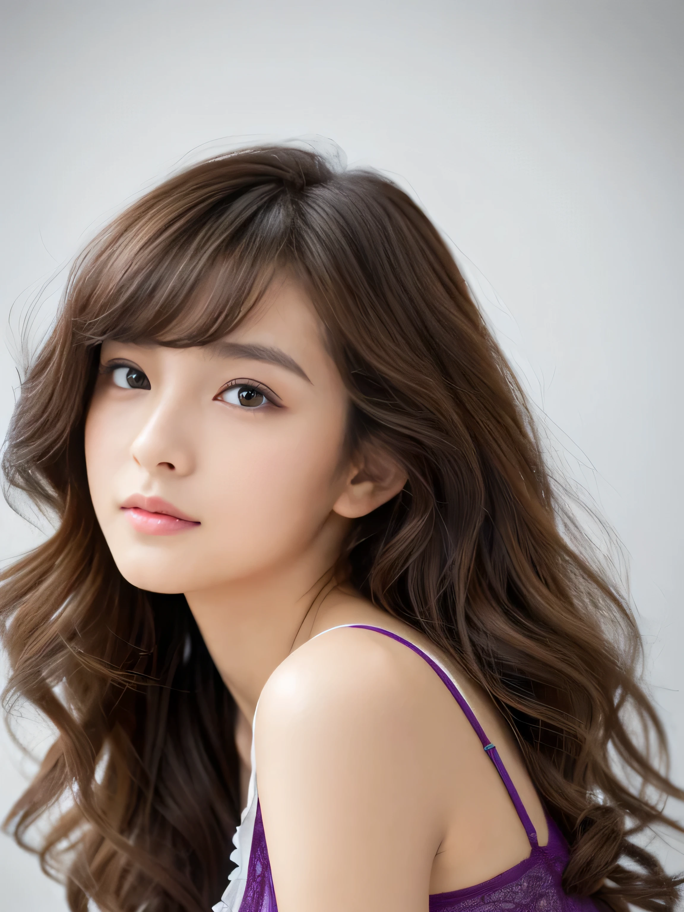 (Pure white wall background:1.8. Photo of upper body from waist up) (One of the most beautiful 24-year-old women in Japan) (She looks at the viewer with a very seductive expression..) ((Her hair is incredibly curly、Very shiny、Beautiful as silk、Very long, Pure brown hair with great detail, Thinning hair, And that is'Abundant Very detailed)) ((highest quality)), ((masterpiece)), (familiar) (Get used to it) Perfect Face (Her skin is a typical Japanese skin color...、Very detailed) (big breasts:1.3) (She is wearing purple lingerie with lots of lace.) (She has a beautiful face with a slender figure., Narrow eyes.) (Her bangs Well Organized) (She has perfect beautiful makeup and face Lipstick is light red A solid eyeliner) ((Rich 1.4)) (Extremely detailed 8K) (Stable Diffusion Model) (Ultra-fine skin texture 1.4) (Actual, Vibrant:1.4), double eyelid Sharp focus:1.2、Beautiful woman:1.4 Dynamic Lighting (Genuine RAW photos taken by professional photographers) (Her long bangs、Well Organized) (Turn your whole body to the viewer) Professionally lit from the front (Her hair is deep brown) (Her hair is deep brown) (Her hair is deep brown)