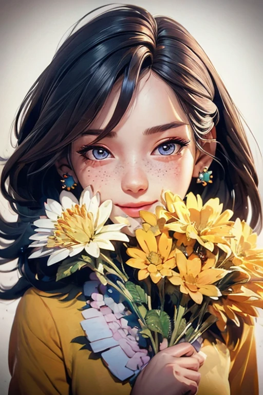 Portrait of a woman in a colorful outfit with a bouquet of colorful flowers posing for a photo, focus on eyes, A freckles, cyber girl, pretty face, sparkling simple make up, hippie clothes, sparkling pictures, high quality pictures