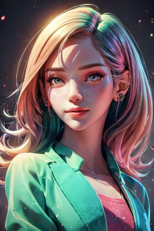 Portrait of a woman in a colorful outfit with a bouquet of colorful flowers posing for a photo, focus on eyes, A freckles, cyber girl, pretty face, sparkling simple make up, hippie clothes, sparkling pictures, high quality pictures