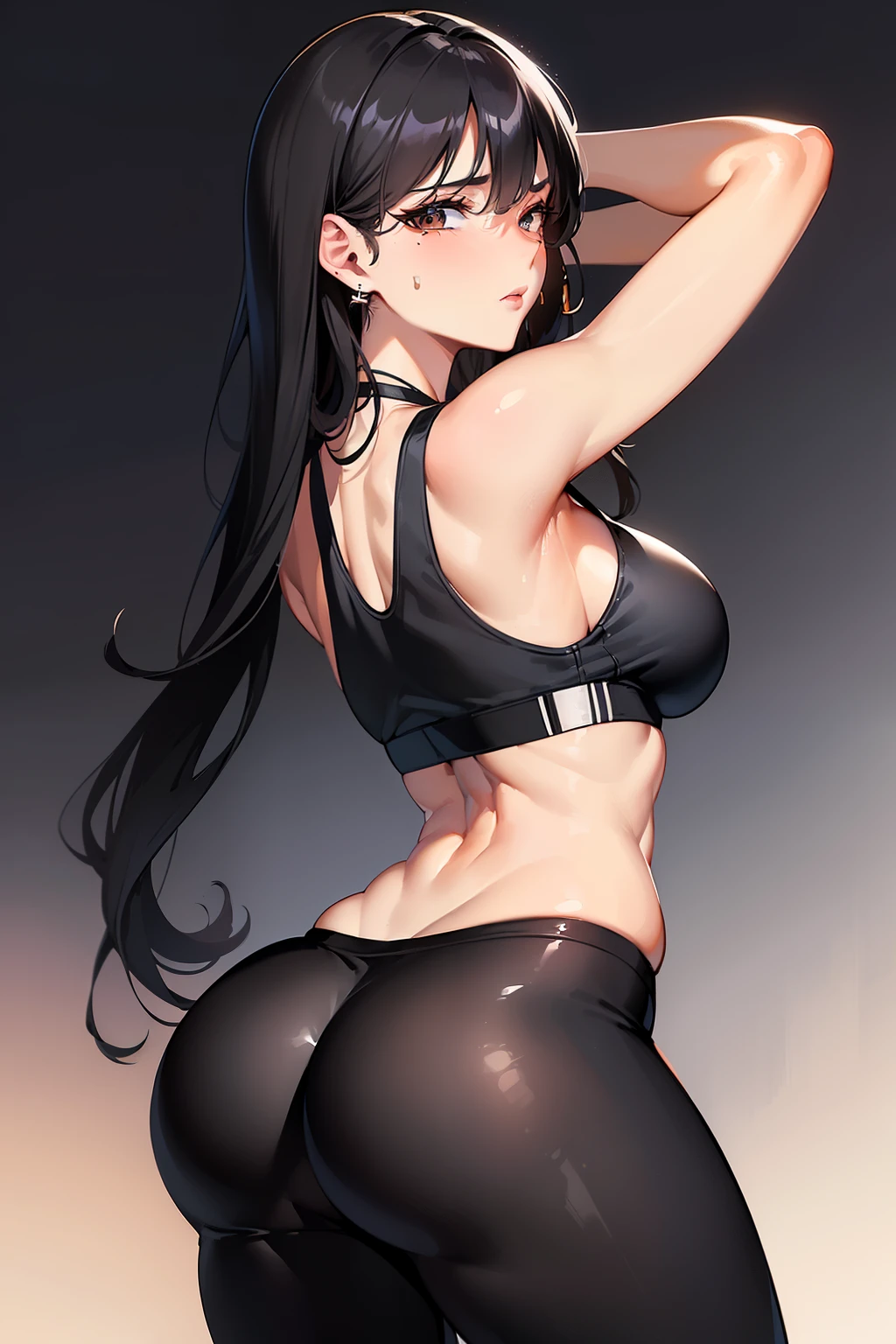 Masterpiece, Best Quality, (((Solo mature woman))), (((Black hair))), long black hair, milf, mole on face, older woman, ear ring, model, sexy gaze, medium chest , medium breasts, wide hips, brown black eyes,  in the gym,  blushing, (((wearing black Yoga pants and sports bra)))  sweating, ass, booty, big ass, back view, dynamic pose